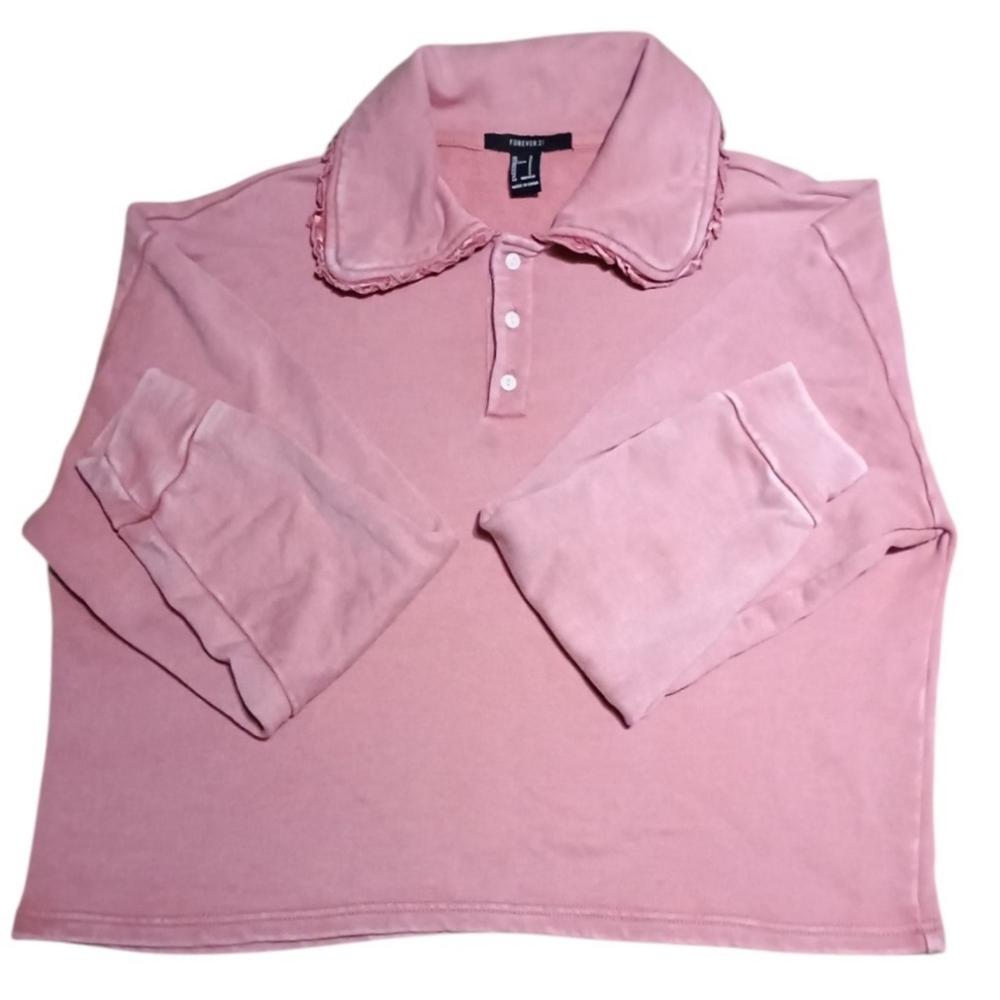 Cropped Sweatshirt Pullover Top Long Sleeve Ruffled Collar Women's Boho Sz S